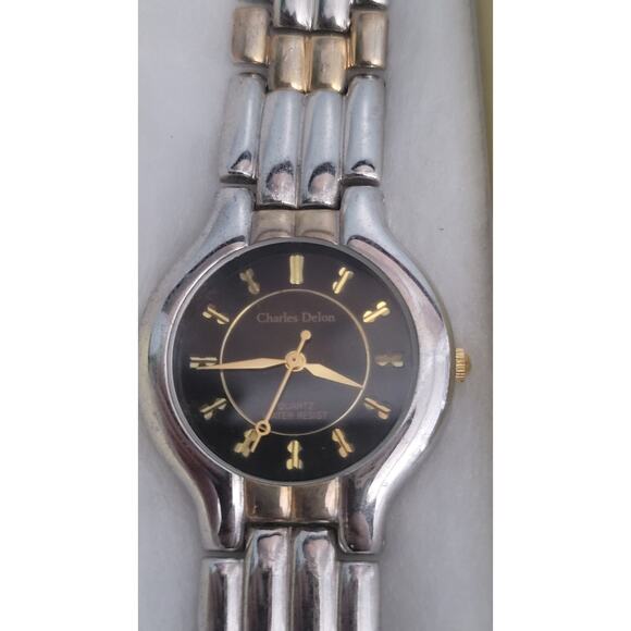 Charles Delon Two Tone Silver Gold Quartz Watch Black Dial Japan Movement NWOT - Picture 2 of 4